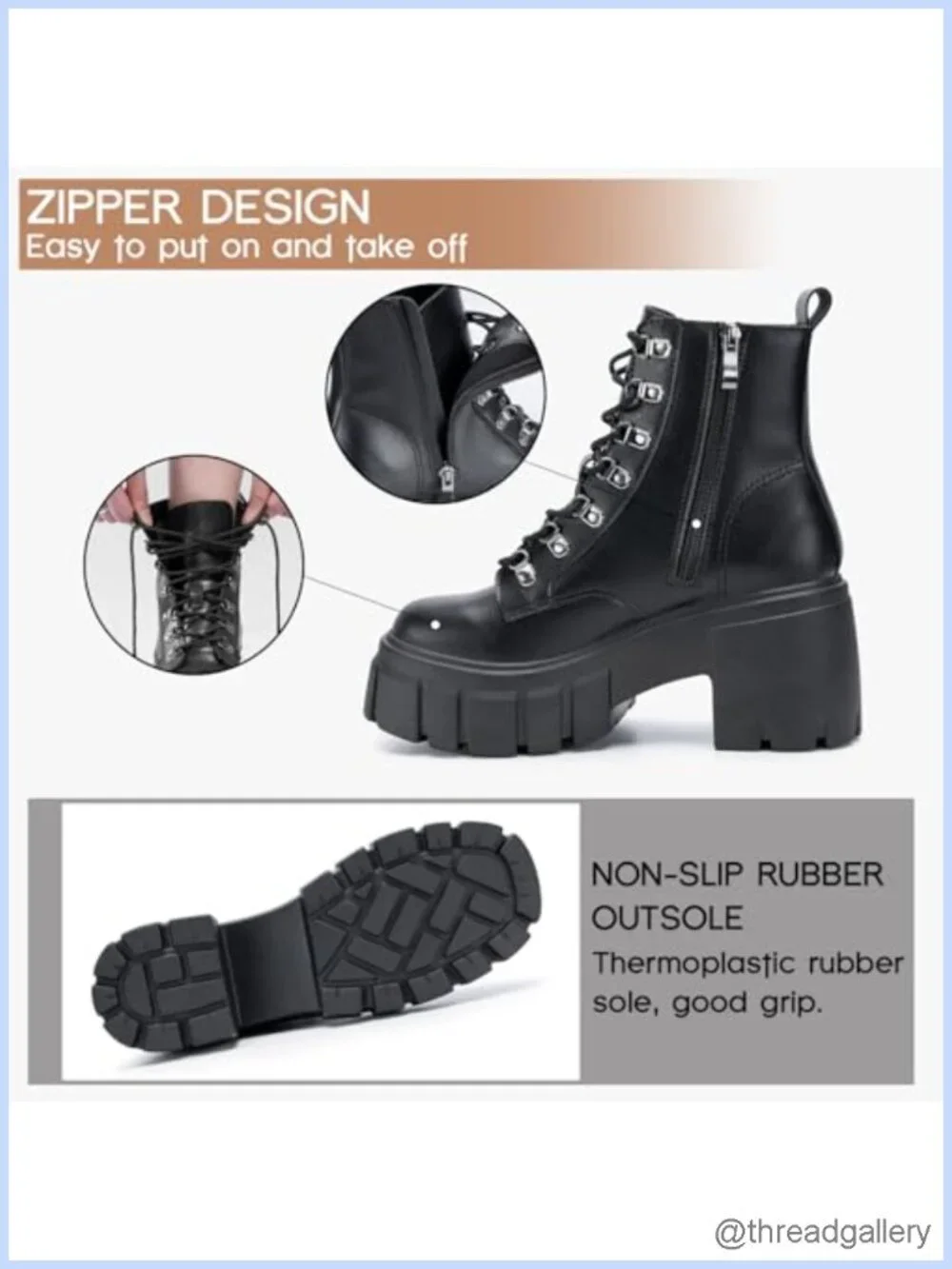 Lightweight Lace Up Side Zipper Chunky Platform Lug Sole Combat Booties